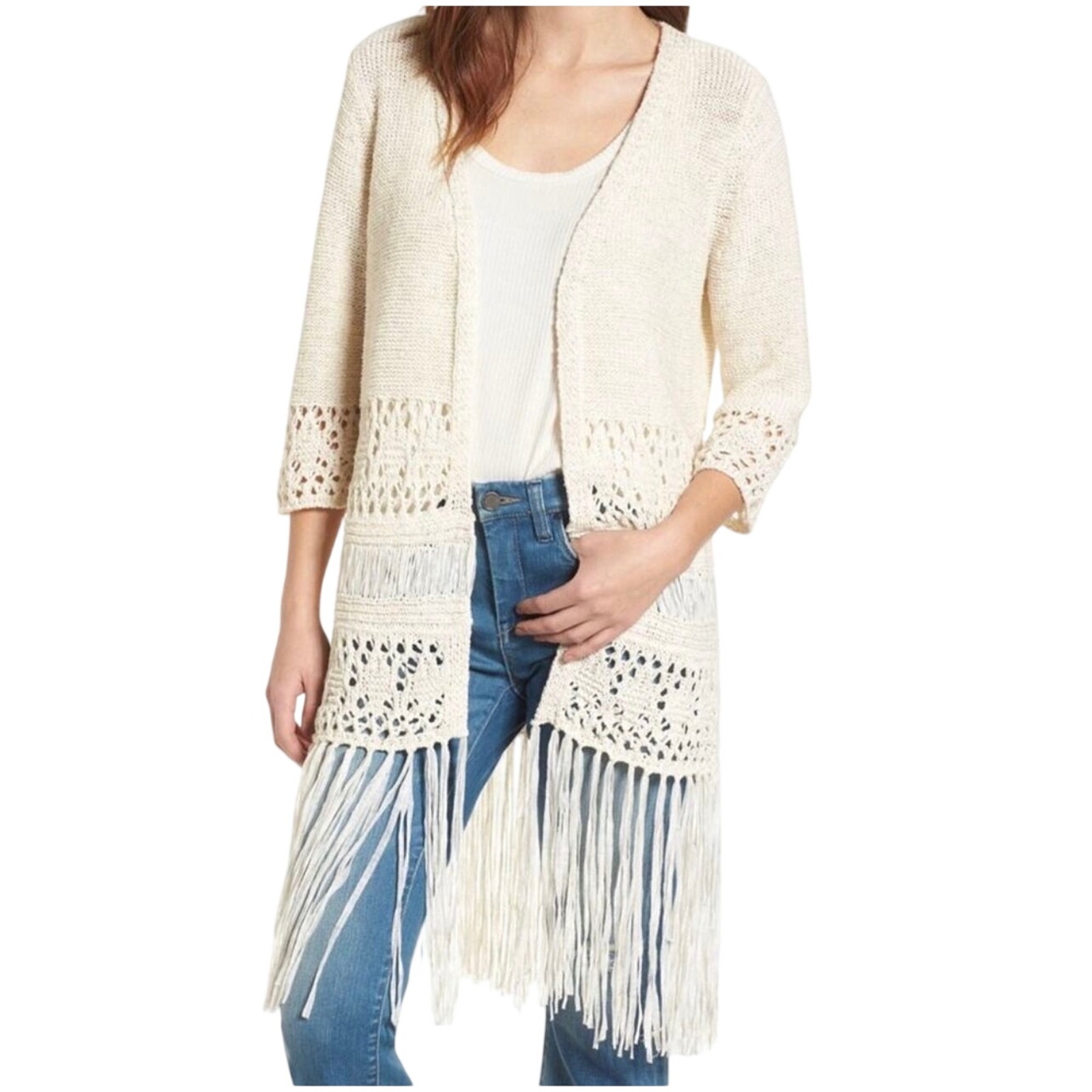 Blanknyc Women’s Cream Boho Crochet Fringed Open Front Duster